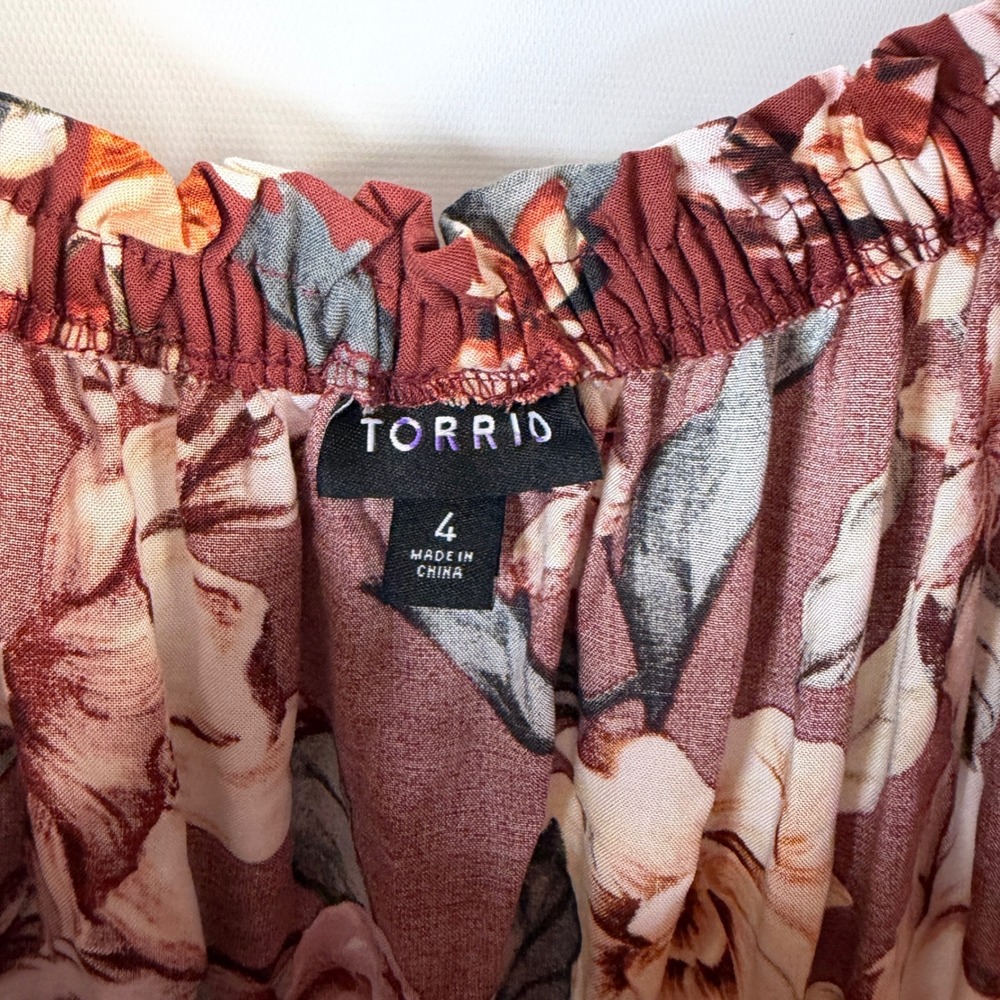 Torrid Maxi Dress Women 4 Burgundy Floral Boho Off Shoulder Ruffle Pocket - Picture 4 of 12